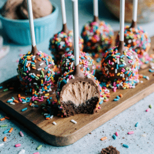 A group of chocolate-dipped ice cream cake pops covered in colorful sprinkles, with one bitten to reveal layers of chocolate cake and ice cream.