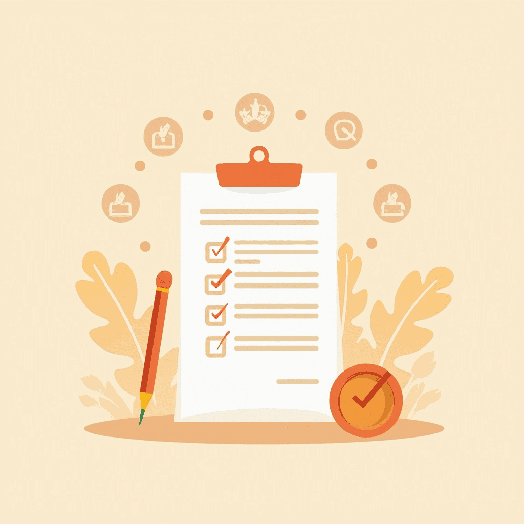 Terms and Conditions document illustration with checkmarks and pen in orange and peach colors