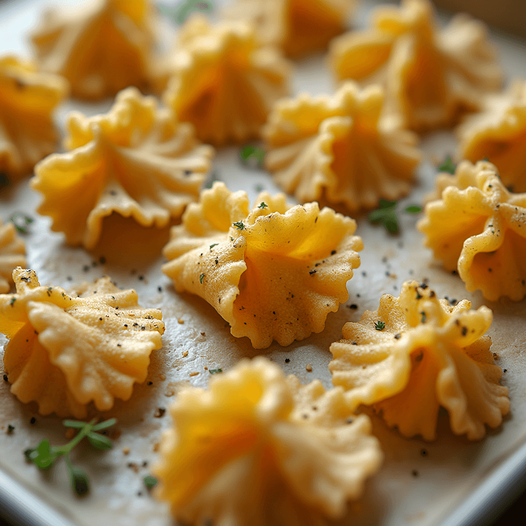 Baked farfalle pasta chips spread on parchment paper after cooking