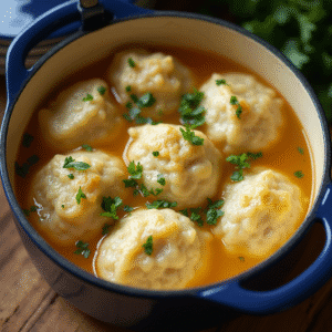 Overhead view of Bisquick chicken and dumplings in a Dutch oven