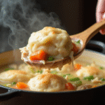 Close-up of a spoon lifting Bisquick dumpling with chicken and vegetables
