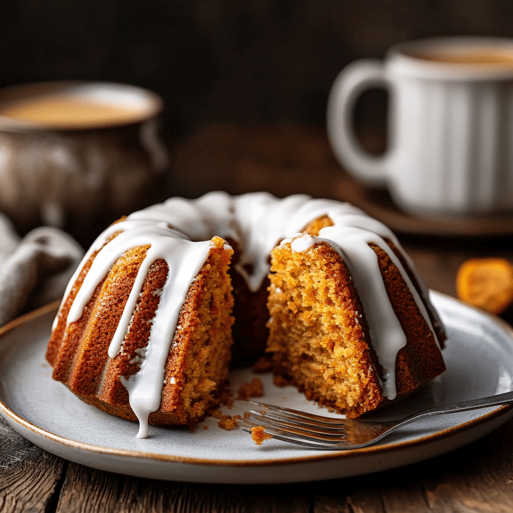 Slice of carrot bundt cake with coffee