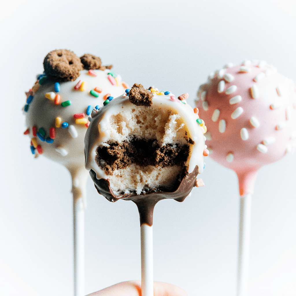 Close-up of three decorated ice cream cake pops, one bitten to reveal layers of vanilla cake and chocolate ice cream inside, coated in white chocolate with sprinkles.