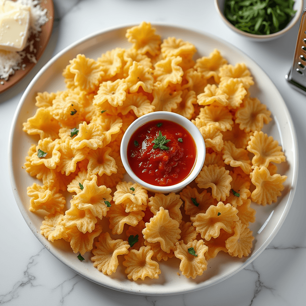 Golden crispy farfalle pasta chips served with marinara dipping sauce on a white plate