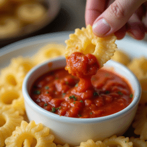 Hand dipping a crispy pasta chip into a bowl of chunky marinara sauce