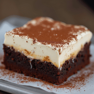Close-up of tiramisu brownies with fudgy chocolate base and espresso mascarpone cream, dusted with cocoa powder